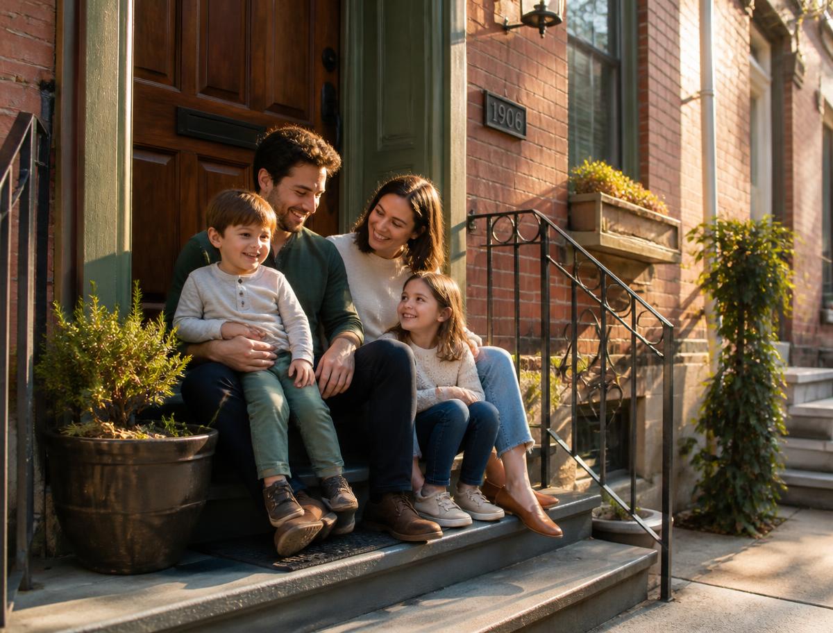 A family sitting together on the front steps of their Philadelphia rowhome