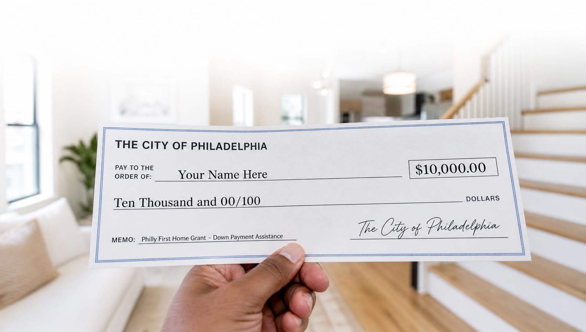 A $10,000.00 check from the City of Philadelphia made out to 'Your Name Here' for the Philly First Home Grant down payment assistance