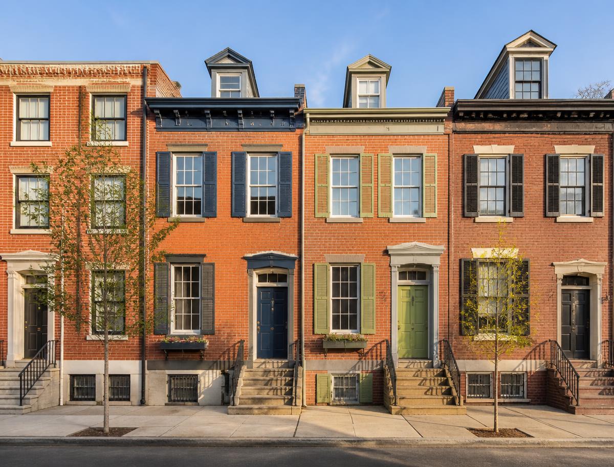A row of classic Philadelphia brick rowhomes